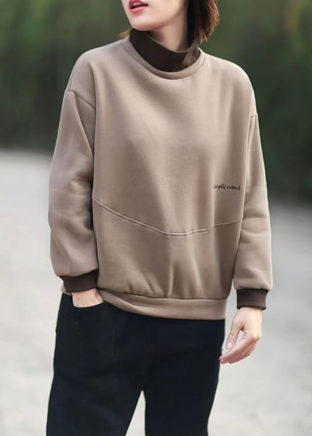 Coffee Patchwork Loose Sweatshirts Turtleneck Long Sleeve Ada Fashion