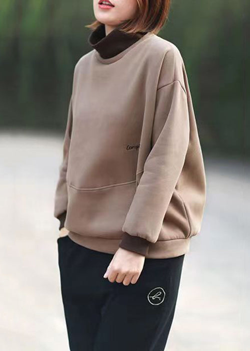 Coffee Patchwork Loose Sweatshirts Turtleneck Long Sleeve Ada Fashion