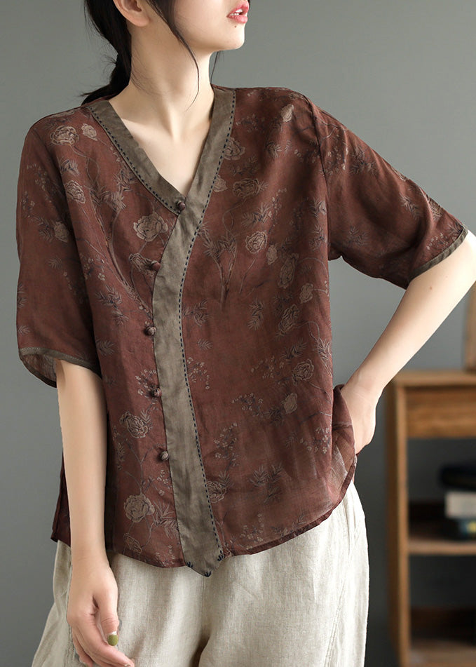 Coffee Patchwork Ramie T Shirt Short Sleeve LY5034 - fabuloryshop