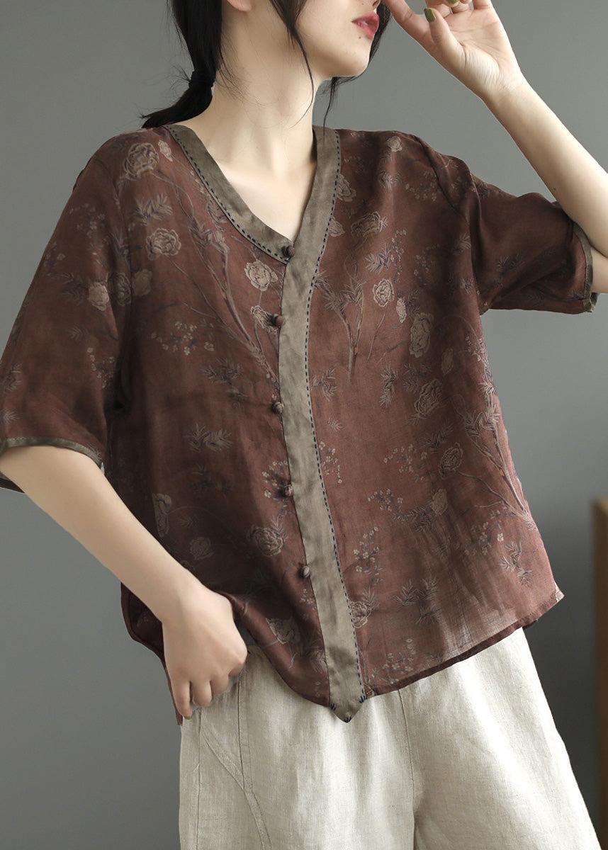 Coffee Patchwork Ramie T Shirt Short Sleeve LY5034 - fabuloryshop