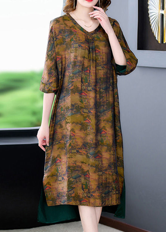 Coffee Patchwork Silk Maxi Dresses Low High Design Summer LY3734 - fabuloryshop