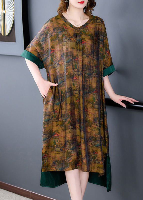 Coffee Patchwork Silk Maxi Dresses Low High Design Summer LY3734 - fabuloryshop