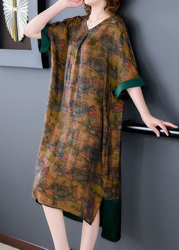 Coffee Patchwork Silk Maxi Dresses Low High Design Summer LY3734 - fabuloryshop