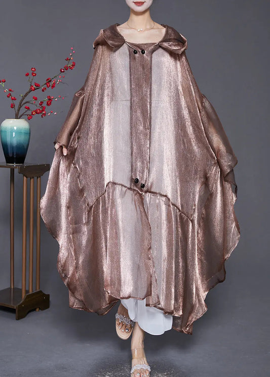 Coffee Patchwork Silk UPF 50+ Long Cardigans Hooded Batwing Sleeve Ada Fashion