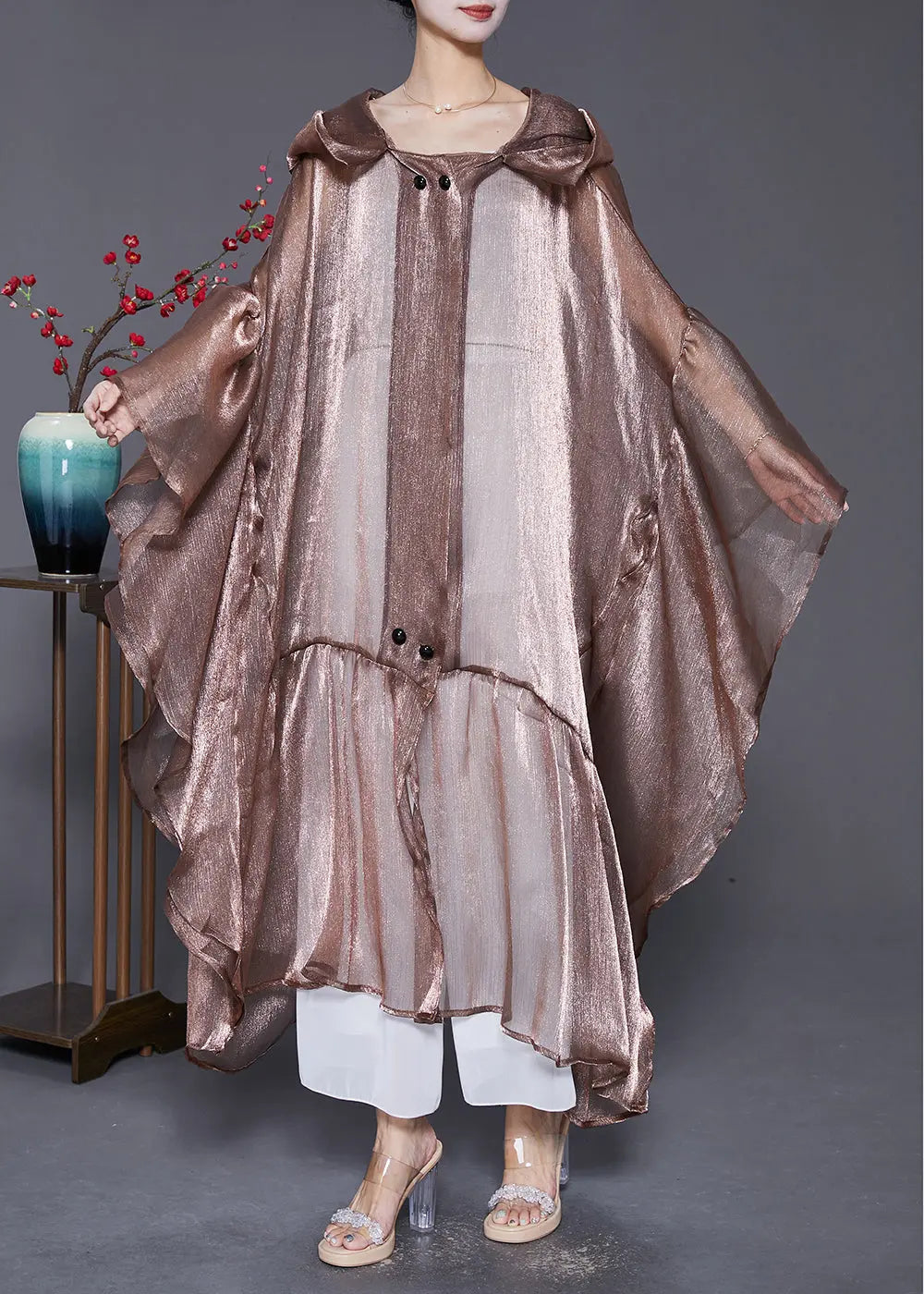 Coffee Patchwork Silk UPF 50+ Long Cardigans Hooded Batwing Sleeve Ada Fashion