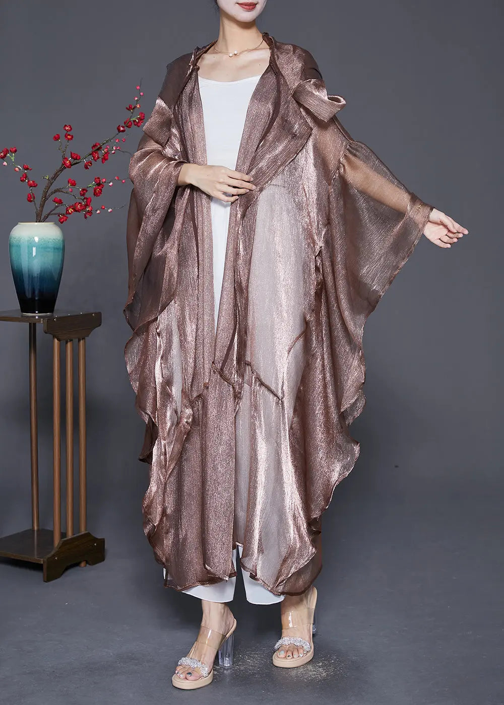 Coffee Patchwork Silk UPF 50+ Long Cardigans Hooded Batwing Sleeve Ada Fashion
