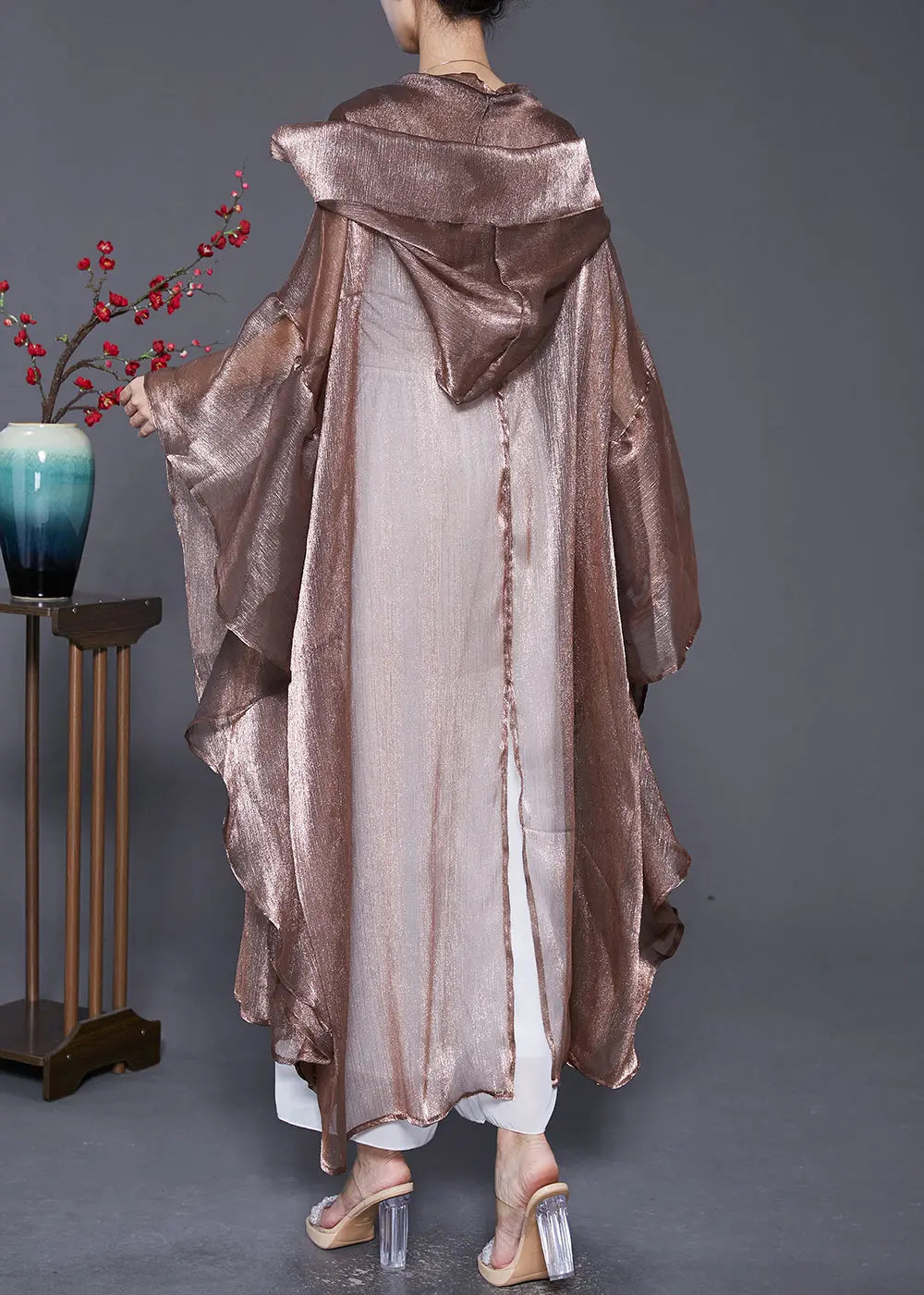 Coffee Patchwork Silk UPF 50+ Long Cardigans Hooded Batwing Sleeve Ada Fashion