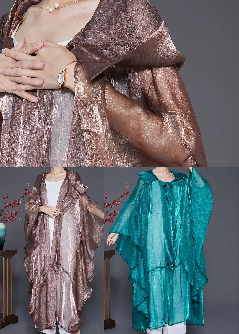 Coffee Patchwork Silk UPF 50+ Long Cardigans Hooded Batwing Sleeve Ada Fashion