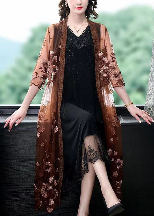 Coffee Patchwork Tulle Cape Dresses Embroideried V Neck Summer Ada Fashion