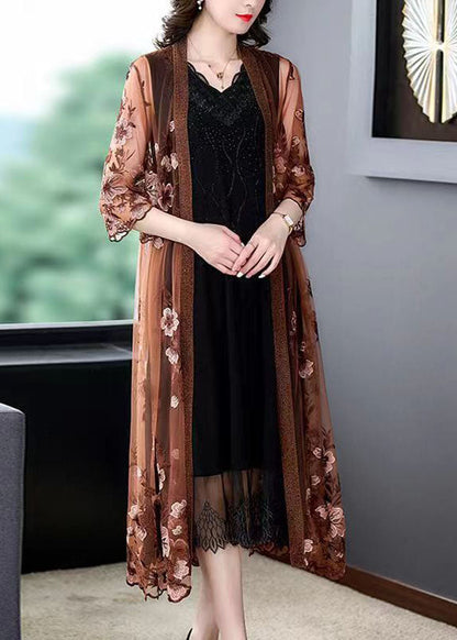 Coffee Patchwork Tulle Cape Dresses Embroideried V Neck Summer Ada Fashion