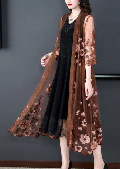 Coffee Patchwork Tulle Cape Dresses Embroideried V Neck Summer Ada Fashion