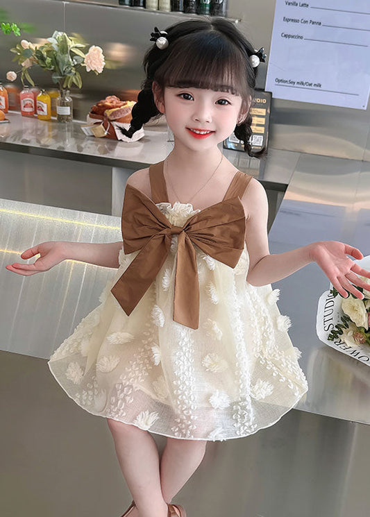 Coffee Patchwork Tulle Kids Girls Dress Ruffled Bow Sleeveless LY5499 - fabuloryshop