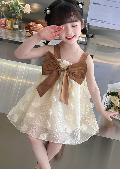 Coffee Patchwork Tulle Kids Girls Dress Ruffled Bow Sleeveless LY5499 - fabuloryshop