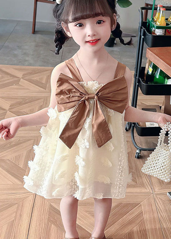 Coffee Patchwork Tulle Kids Girls Dress Ruffled Bow Sleeveless LY5499 - fabuloryshop