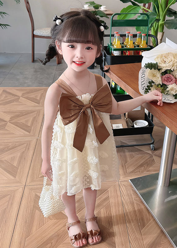 Coffee Patchwork Tulle Kids Girls Dress Ruffled Bow Sleeveless LY5499 - fabuloryshop