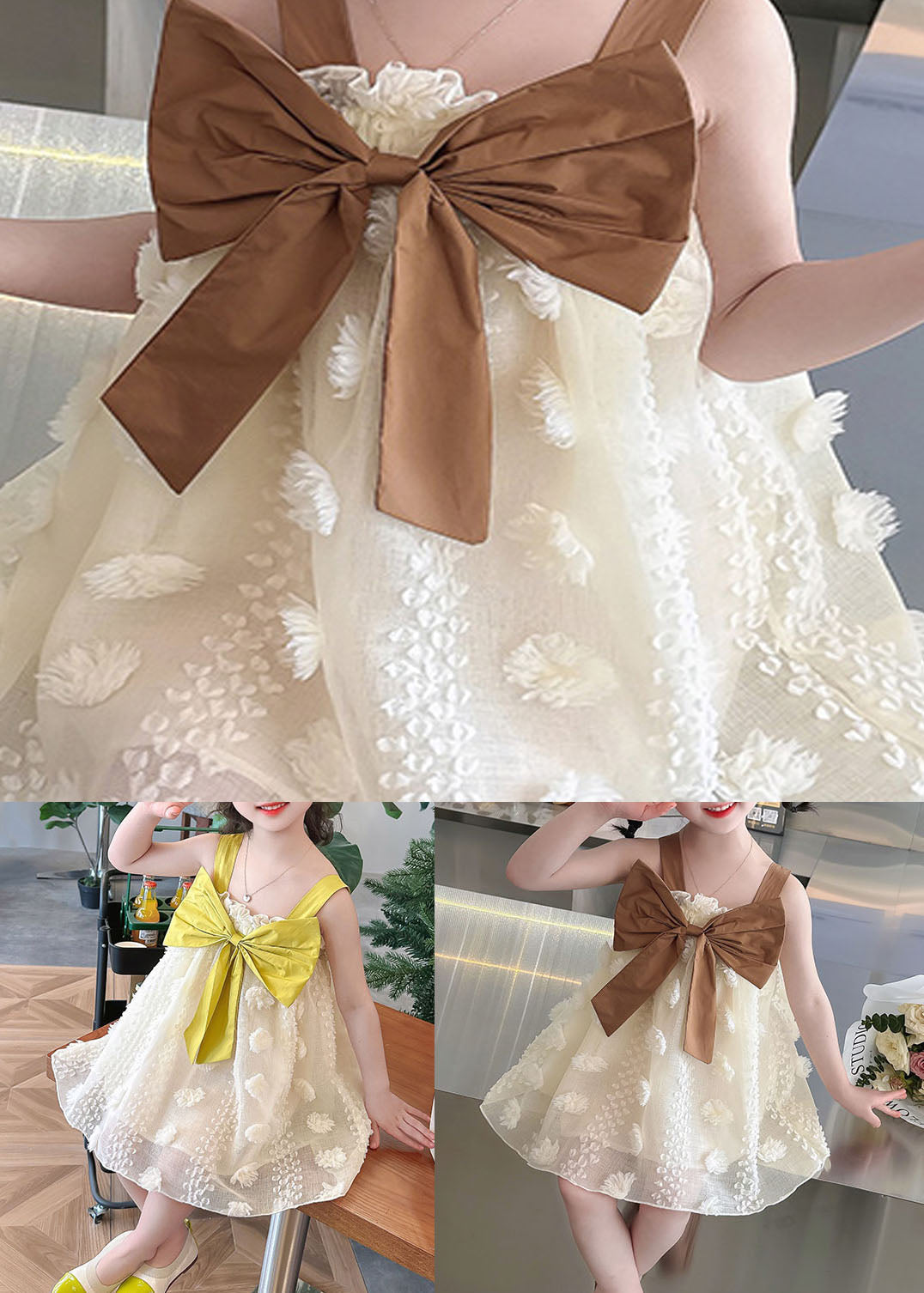 Coffee Patchwork Tulle Kids Girls Dress Ruffled Bow Sleeveless LY5499 - fabuloryshop