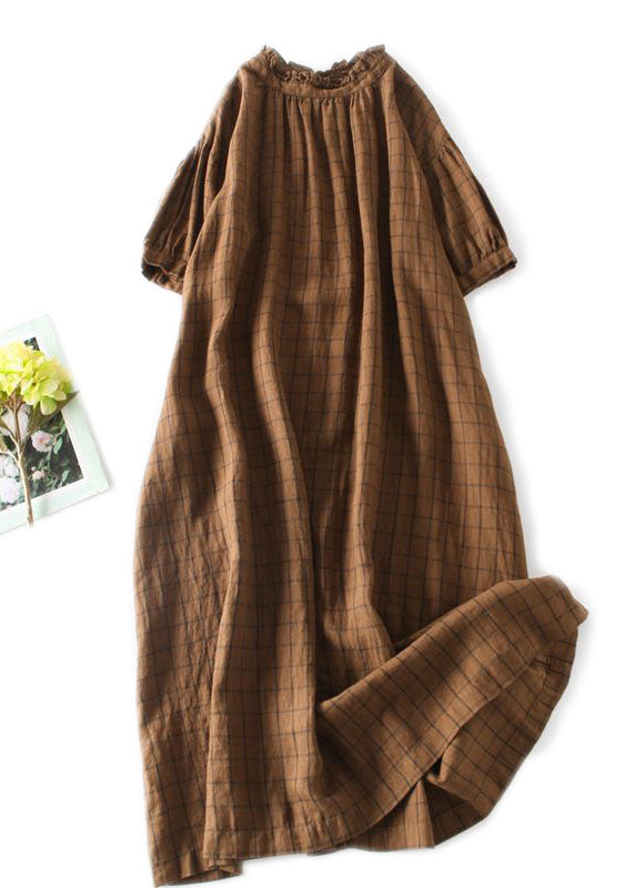 Coffee Plaid Patchwork Linen Dress Ruffled Button Summer Ada Fashion