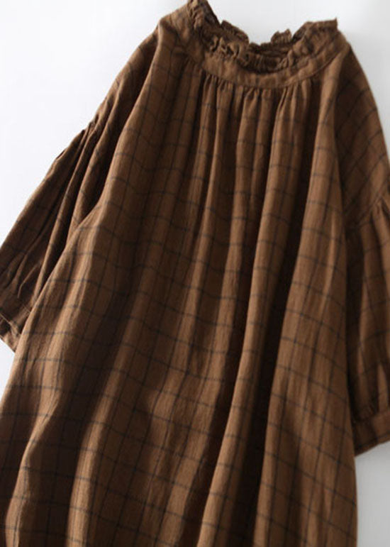 Coffee Plaid Patchwork Linen Dress Ruffled Button Summer Ada Fashion