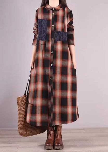 Coffee Plaid Warm Fleece Shirts Dresses Peter Pan Collar Button Fall Ada Fashion