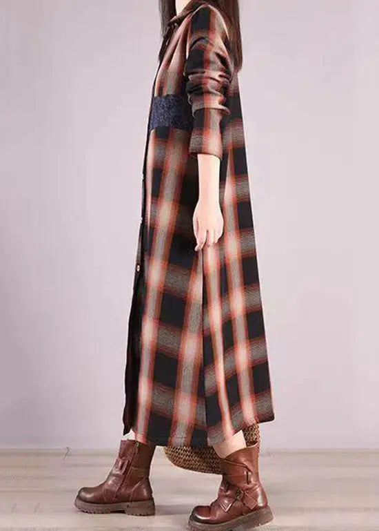 Coffee Plaid Warm Fleece Shirts Dresses Peter Pan Collar Button Fall Ada Fashion