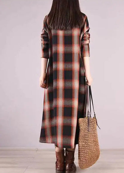 Coffee Plaid Warm Fleece Shirts Dresses Peter Pan Collar Button Fall Ada Fashion