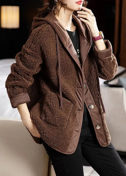 Coffee Pockets Patchwork Coats Teddy Faux Fur Hooded Long Sleeve Ada Fashion