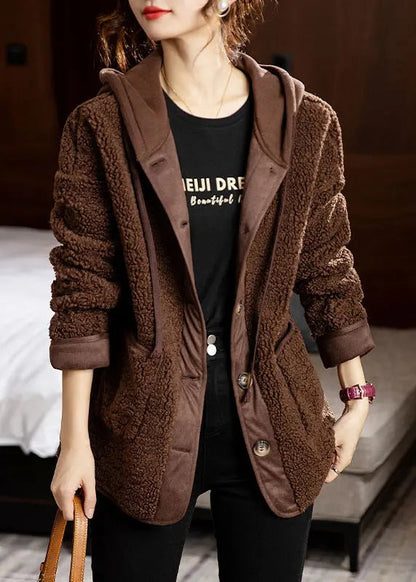 Coffee Pockets Patchwork Coats Teddy Faux Fur Hooded Long Sleeve Ada Fashion