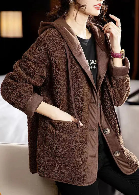 Coffee Pockets Patchwork Coats Teddy Faux Fur Hooded Long Sleeve Ada Fashion