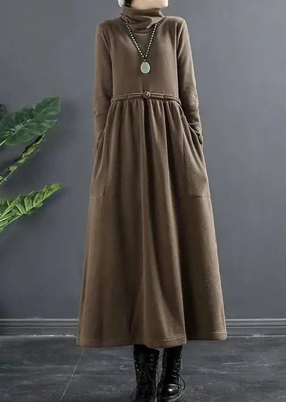 Coffee Pockets Patchwork Cotton Dresses Hign Neck Wrinkled Fall Ada Fashion