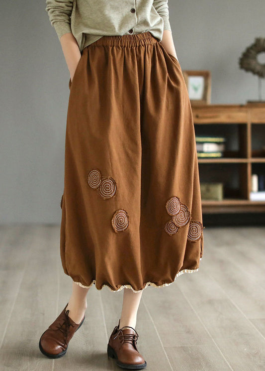 Coffee Pockets Patchwork Cotton Skirts Wrinkled Embroideried Spring LY4039 - fabuloryshop