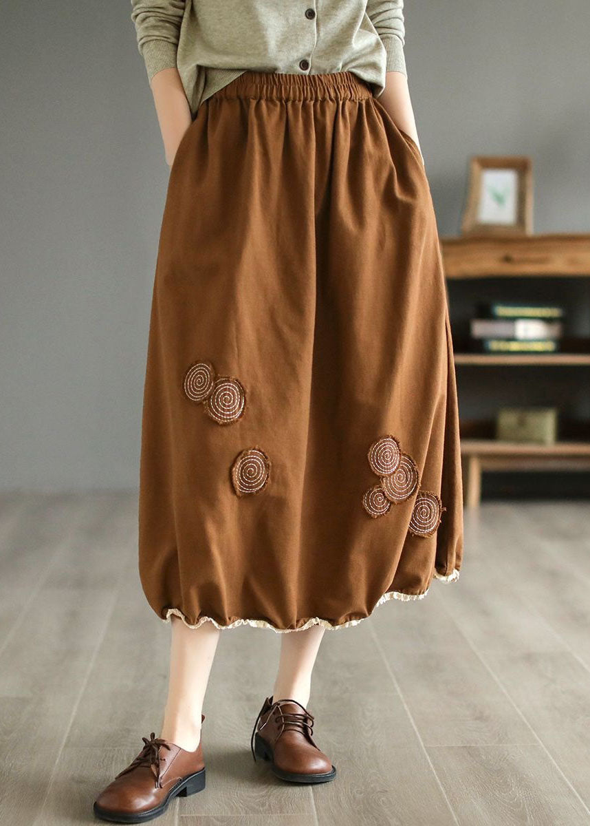 Coffee Pockets Patchwork Cotton Skirts Wrinkled Embroideried Spring LY4039 - fabuloryshop