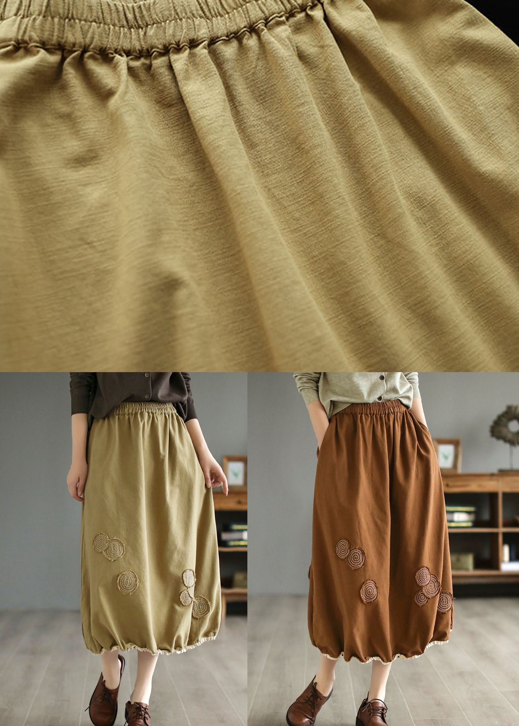 Coffee Pockets Patchwork Cotton Skirts Wrinkled Embroideried Spring LY4039 - fabuloryshop