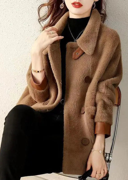 Coffee Pockets Patchwork Faux Fur Coat Peter Pan Collar Button Fall Ada Fashion