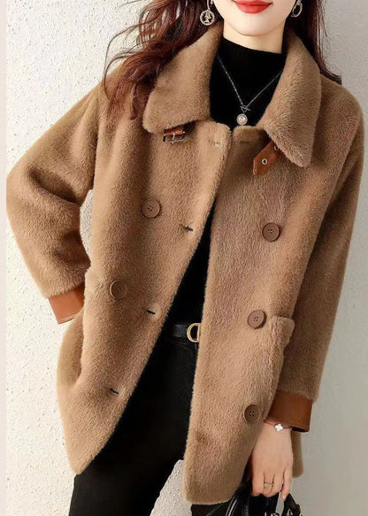 Coffee Pockets Patchwork Faux Fur Coat Peter Pan Collar Button Fall Ada Fashion