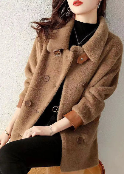 Coffee Pockets Patchwork Faux Fur Coat Peter Pan Collar Button Fall Ada Fashion