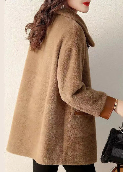 Coffee Pockets Patchwork Faux Fur Coat Peter Pan Collar Button Fall Ada Fashion