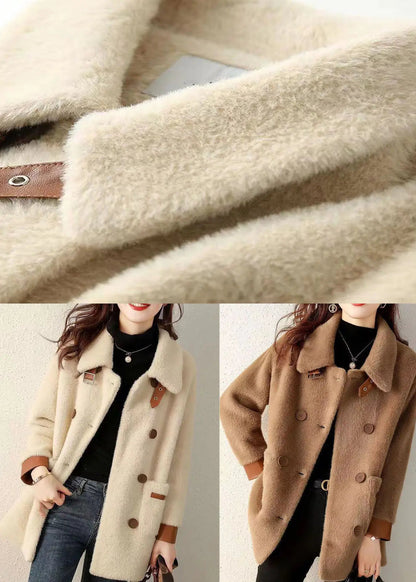 Coffee Pockets Patchwork Faux Fur Coat Peter Pan Collar Button Fall Ada Fashion