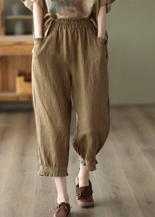 Coffee Pockets Patchwork Linen Crop Pants Cinched Summer LY0159 - fabuloryshop