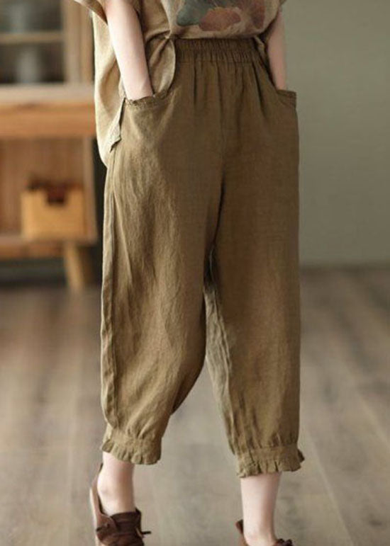 Coffee Pockets Patchwork Linen Crop Pants Cinched Summer LY0159 - fabuloryshop