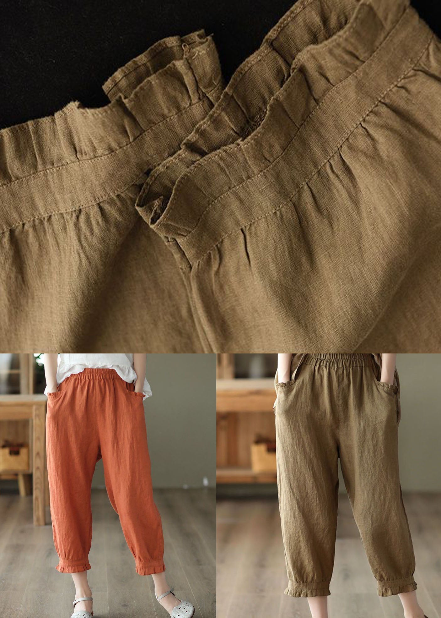 Coffee Pockets Patchwork Linen Crop Pants Cinched Summer LY0159 - fabuloryshop