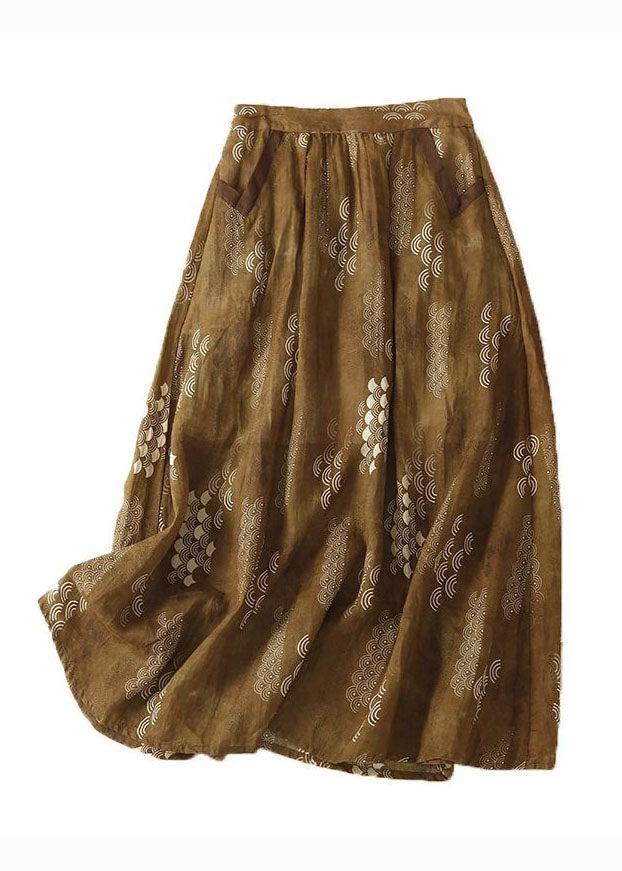 Coffee Pockets Print Patchwork Linen Skirt Wrinkled Summer LY0592