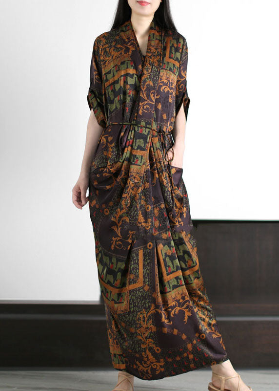 Coffee Pockets Print Patchwork Silk Gown Wrinkled Tie Waist Summer LY5165 - fabuloryshop