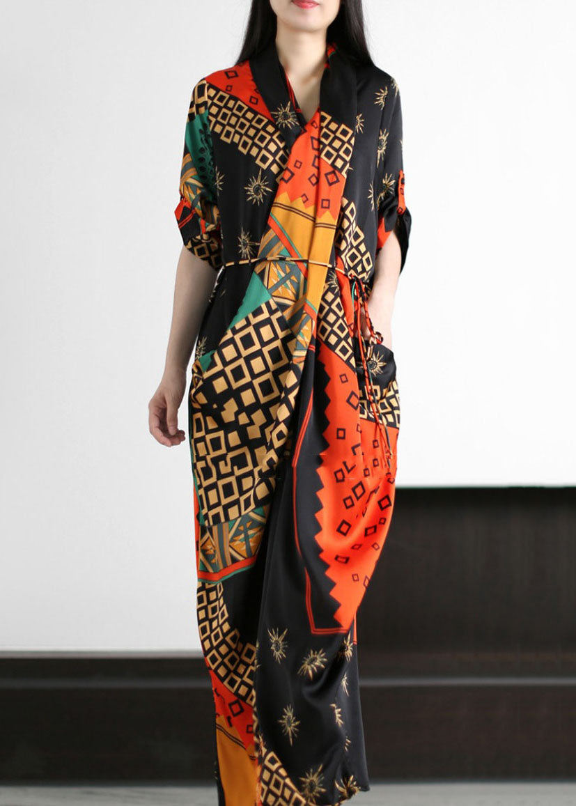 Coffee Pockets Print Patchwork Silk Gown Wrinkled Tie Waist Summer LY5165 - fabuloryshop