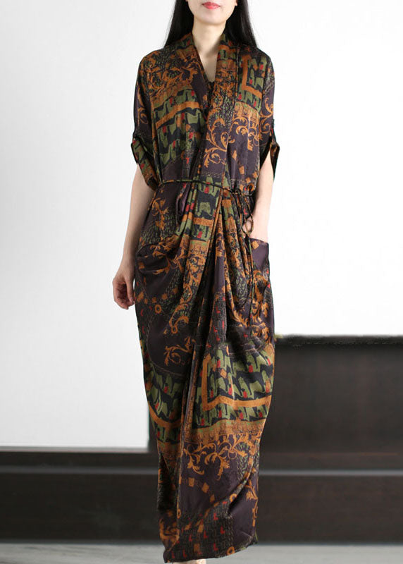 Coffee Pockets Print Patchwork Silk Gown Wrinkled Tie Waist Summer LY5165 - fabuloryshop