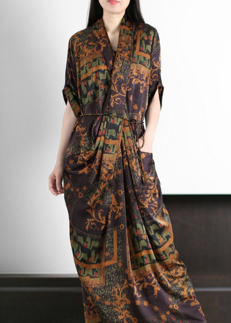 Coffee Pockets Print Patchwork Silk Gown Wrinkled Tie Waist Summer LY5165 - fabuloryshop