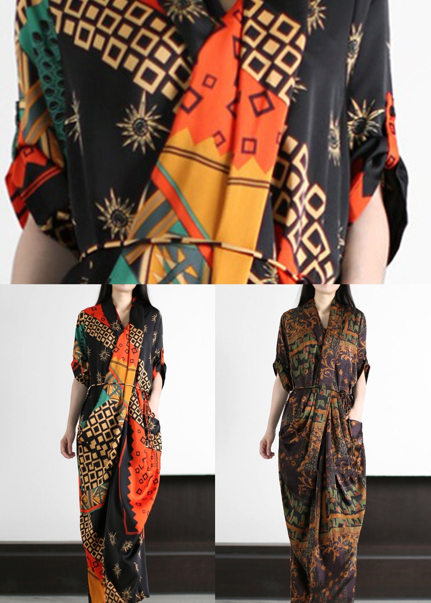 Coffee Pockets Print Patchwork Silk Gown Wrinkled Tie Waist Summer LY5165 - fabuloryshop