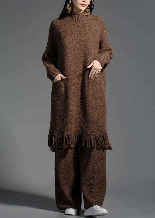 Coffee Pockets Wool Knitwear Dress Stand Collar Winter LY0014 - fabuloryshop