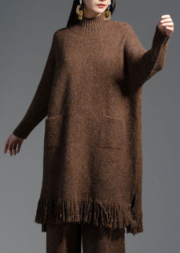 Coffee Pockets Wool Knitwear Dress Stand Collar Winter LY0014 - fabuloryshop