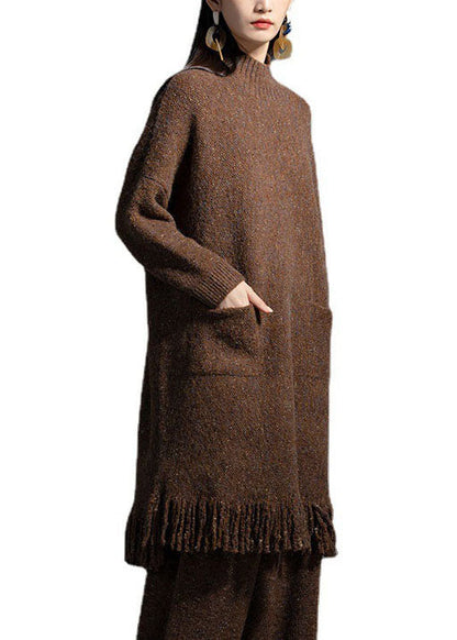 Coffee Pockets Wool Knitwear Dress Stand Collar Winter LY0014 - fabuloryshop