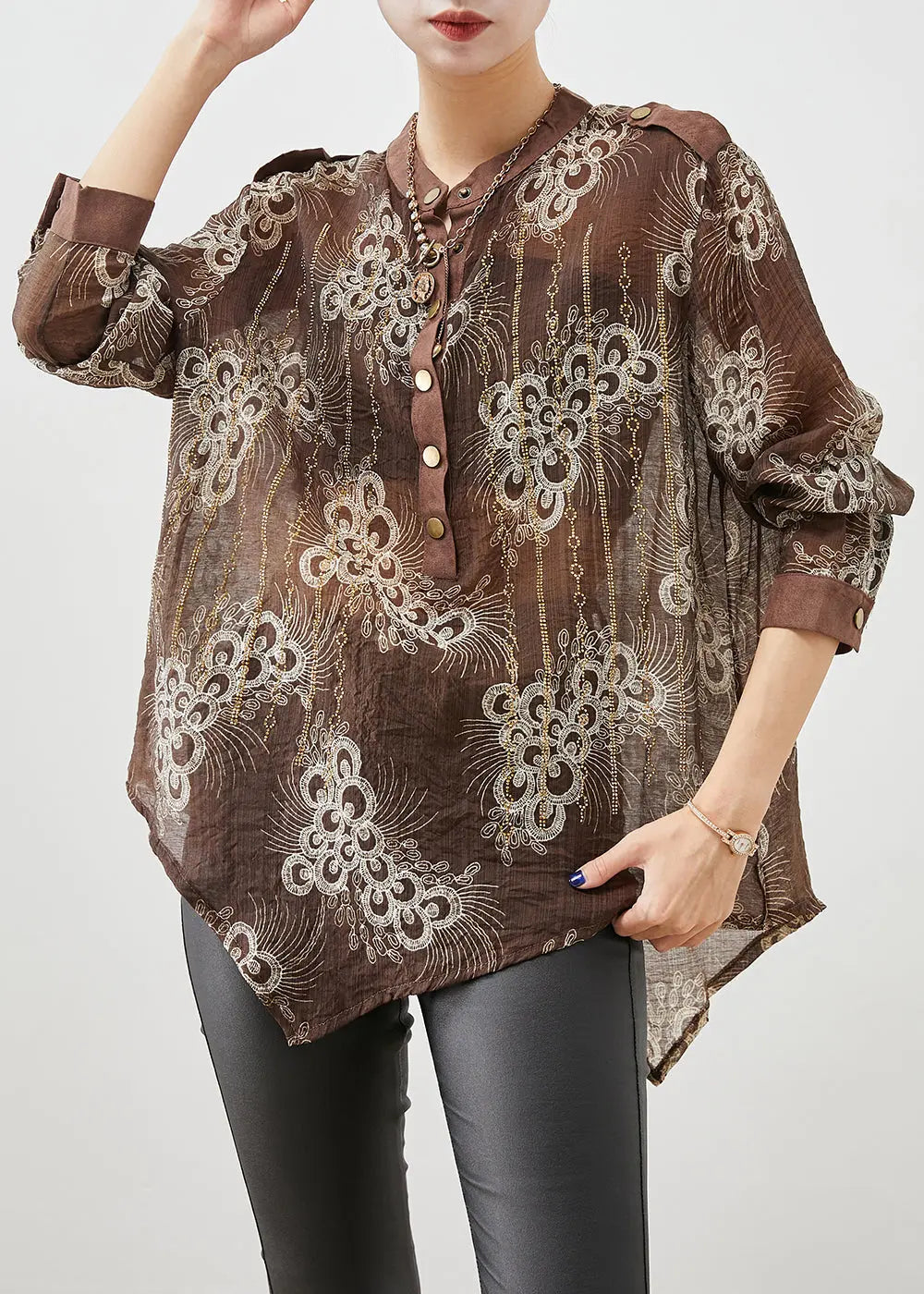 Coffee Print Cotton Shirt Top Asymmetrical Fall Ada Fashion